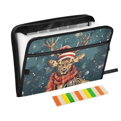 Fächermappe mit Weihnachtsmann-Hut, Hirsch, mit Klebeetiketten, 13 Taschen, Akkordeon-Aktenordner, Dokumenten-Organizer mit Reißverschluss von Reiacy