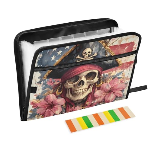 Fächermappe mit amerikanischer Flagge, Skelett, Blume, Pirat, mit Klebeetiketten, 13 Taschen, Akkordeon-Aktenordner, Dokumenten-Organizer mit Reißverschluss Fächermappe mit amerikanischer Flagge, Skelett, Blume, Pirat, mit Klebeetiketten, 13 Taschen, Akkordeon-Aktenordner, Dokumenten-Organizer mit Reißverschluss von Reiacy