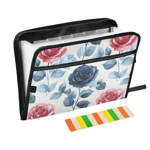 Fächermappe mit eleganten Blumen, dunkelblaue Rose, mit Klebeetiketten, 13 Taschen, Akkordeon-Aktenordner, Dokumenten-Organizer mit Reißverschluss von Reiacy