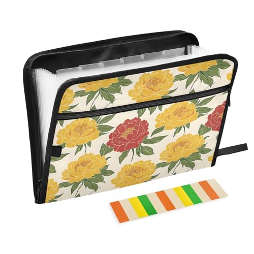 Fächermappe mit roten und gelben Blumen, Retro, mit Klebeetiketten, 13 Taschen, Akkordeon-Aktenordner, Dokumenten-Organizer mit Reißverschluss von Reiacy