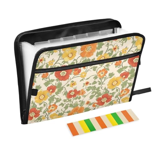 Fächermappe mit traditionellen Blumen, Retro-Drucken, mit Klebeetiketten, 13 Taschen, Akkordeon-Aktenordner, Dokumenten-Organizer mit Reißverschluss von Reiacy