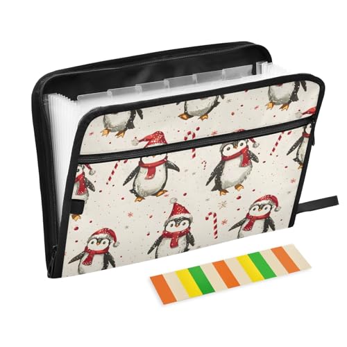 Fächermappe mit weihnachtlichem Pinguin-Wintermuster, mit Klebeetiketten, 13 Taschen, Akkordeon-Aktenordner, Dokumenten-Organizer mit Reißverschluss von Reiacy