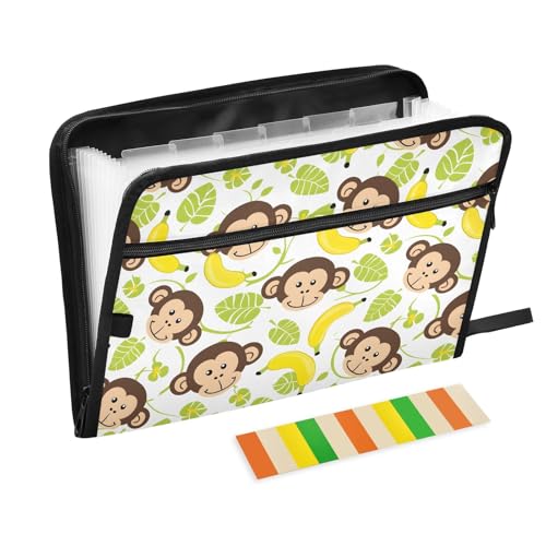 Funny Monkey Face Banana Fächermappe mit Klebeetiketten, 13 Taschen, Akkordeon-Aktenordner, Dokumenten-Organizer mit Reißverschluss von Reiacy