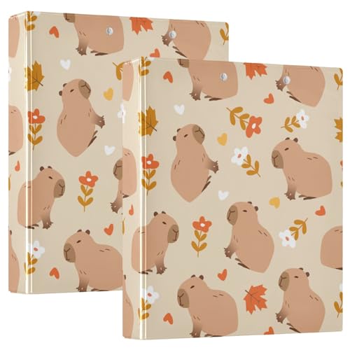 Ringbuch mit 3 Ringen, niedliches Capybara mit Herbstblumen, 3,8 cm, rund, für 200 Blatt, mit 3 transparenten Innenfächern aus PVC, für Schule, Büro von Reiacy