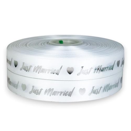 Just Married White and Silver coloured ribbon 2m x 22mm for cakes, wrapping paper, bows, attachments, gift packaging, boxes, balloons, cards, handicrafts, customizable, wedding anniversary von Reis of London