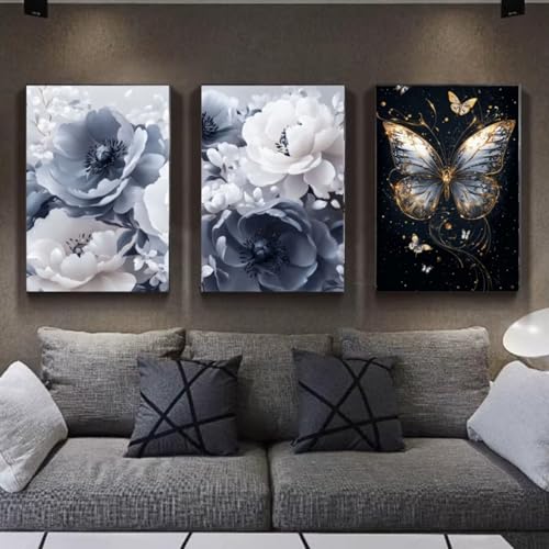 3 Stück 5D Diamond Painting Kits DIY Diamant Painting Erwachsene Kinder Round Full Drill Stickerei Kreuzstich Diamant Malerei nach Zahlen Set Handwerk für Home Wall Décor Weiße blaue Blumen E904 von Reisvx