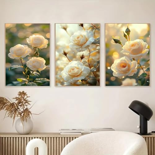 3 Stück 5D Diamond Painting Kits DIY Diamant Painting Erwachsene Kinder Round Full Drill Strass Stickerei Kreuzstich Diamant Malerei nach Zahlen Set Handwerk für Home Wall Décor Weiße Blumen E695 von Reisvx