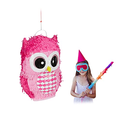 2 x Pinata Eule, niedliche Tierpinata zum selbst Befüllen, Geburtstag, zum Aufhängen, Schlagpinata für Kinder, pink von Relaxdays