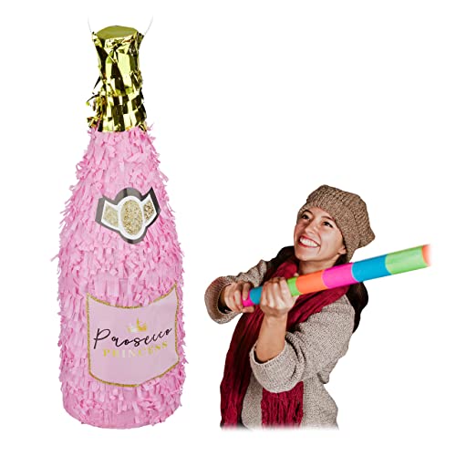 3 x Pinata Sektflasche, Geburtstagspinata, Champagner Pinata zum Aufhängen, Prinzessin, Piñata zum Befüllen, rosa-gold von Relaxdays