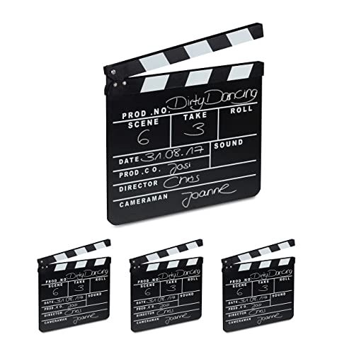 4 x Filmklappe Holz, Regieklappe zum Beschriften, Clapperboard, Szenenklappe, Hollywood Deko, HxB: 26 x 30 cm, schwarz von Relaxdays