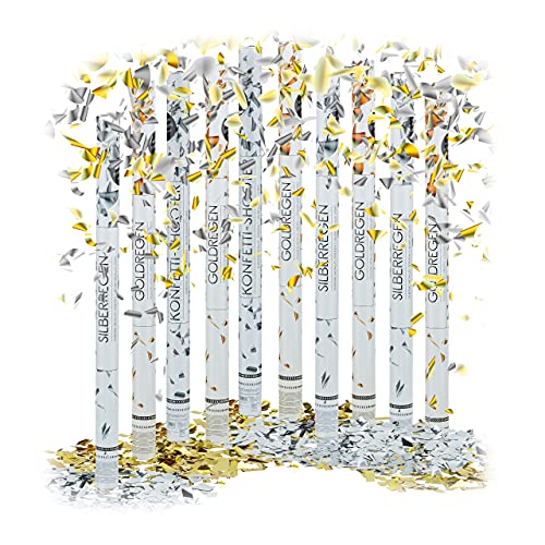 Relaxdays 10 x Party Popper 80 cm im Konfettikanonen Set, Konfetti Bombe für Hochzeit und Geburtstag, Konfetti Shooter 6-8 m Effekthöhe, Gold/Silber metallic von Relaxdays