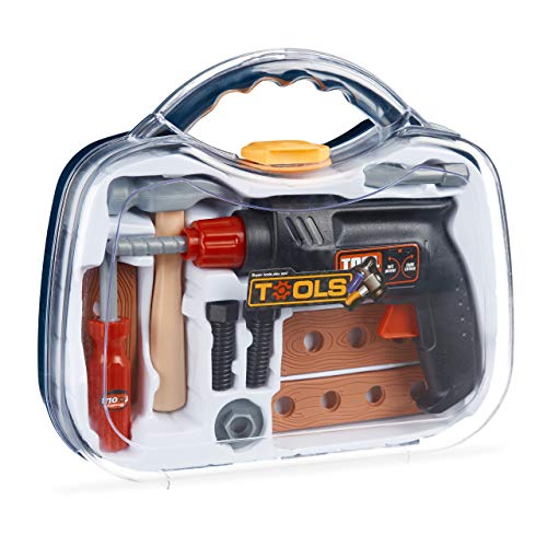 Relaxdays 10024275 Werkzeugkoffer für Kinder, 11-teilig mit Bohrmaschine (Drehfunktion), Handwerker Spielen, mit Hammer UVM, transparent, H x W x D: app. 26 x 29.5 x 8.5 cm von Relaxdays