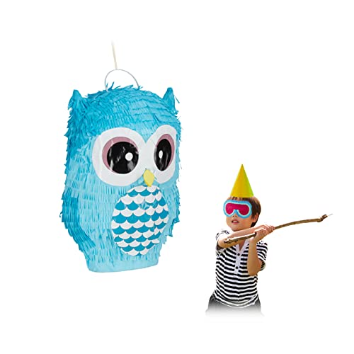 Relaxdays 2 x Pinata Eule, niedliche Tierpinata zum selbst Befüllen, Geburtstag, zum Aufhängen, Schlagpinata für Kinder, blau von Relaxdays