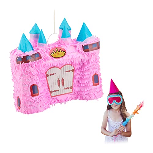 Relaxdays 2 x Pinata Schloss, märchenhafte Kinderpinata zum Befüllen, Piñata Geburtstag Mädchen, Schlagpinata Prinzessin, rosa von Relaxdays