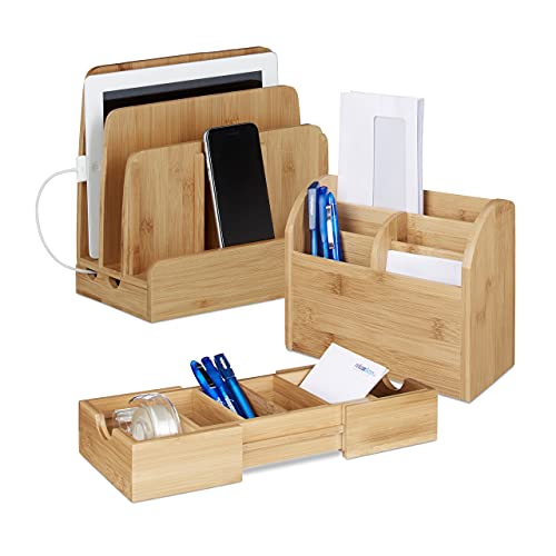 Relaxdays 3 tlg. Schreibtisch Organizer Set Bambus, Karteikasten zum Ausziehen, Ladestation für Smartphones, Briefablage, natur von Relaxdays