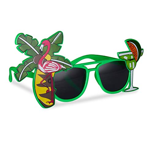 Relaxdays 3x Partybrille Hawaii, lustige Sonnenbrille mit Palme u. Cocktail, Gagbrille Flamingo, Spaßbrille Karneval, grün von Relaxdays