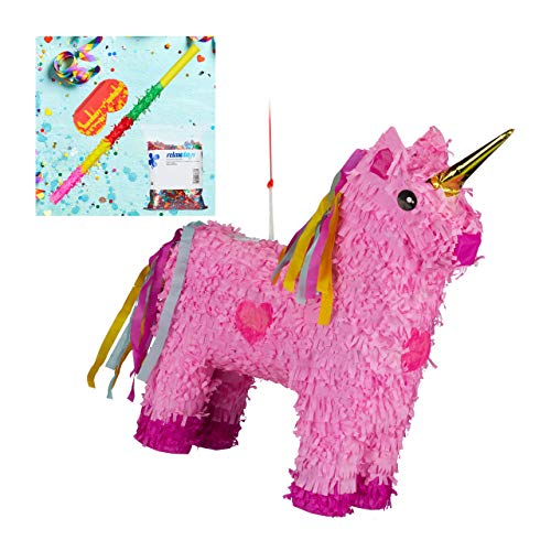 Relaxdays 4 TLG. Pinata Set Einhorn, XXL Konfetti Sack Metallic, Pinatastab & Augenmaske, Einhornpinata, Stock und Maske, pink von Relaxdays