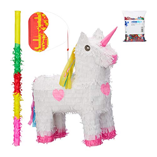 Relaxdays 4 TLG. Pinata Set Einhorn weiß, XXL Konfetti Sack, Pinatastab mit Augenmaske, Unicorn Piñata, Stock & Augenbinde, bunt von Relaxdays