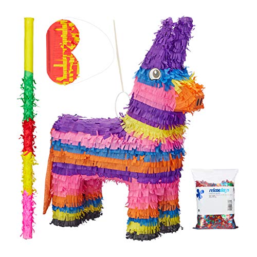 Relaxdays 4 TLG. Pinata Set Esel, XXL Konfetti Sack, Pinatastock mit Augenmaske, Kinder Pinata zum befüllen, Stab & Maske, bunt von Relaxdays