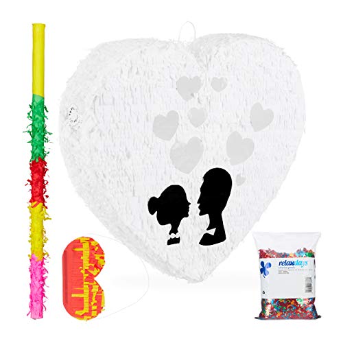 Relaxdays 4 TLG. Pinata Set Hochzeit, XXL Konfetti Sack 0,28 kg, Pinatastab mit Augenbinde, Herzpinata, Pinatastock & Maske, bunt von Relaxdays