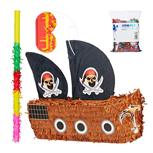 Relaxdays 4 TLG. Pinata Set Piratenschiff, XXL Konfetti Sack, Pinatastab mit Augenmaske, Piñata, Pinatastock & Augenbinde, bunt von Relaxdays