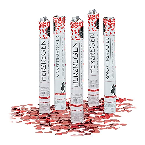 Relaxdays 5 x Party Popper 40 cm rote Herzen im Konfettikanonen Set, Konfetti Bombe für Hochzeit und Geburtstag, Konfetti Shooter 6-8 m Effekthöhe, rot metallic von Relaxdays