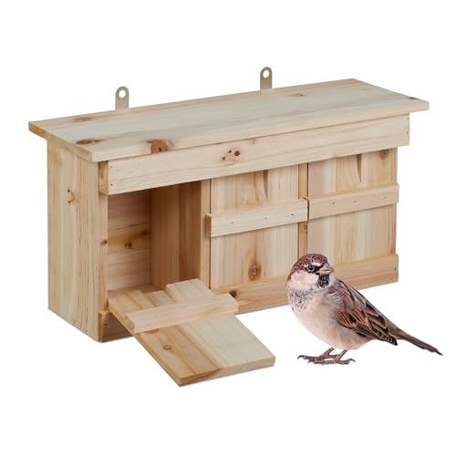 Relaxdays Caja Nido para Gorriones Nistkasten für Spatzen, 3 Brutkammern, Tannenholz, Einflugspalt HxB: 3 x 2 cm, Vogelhaus zum Aufhängen, Natur, Holz von Relaxdays