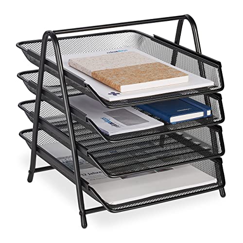 Relaxdays Dokumentenablage, 4 Fächer, Mesh-Metall, Briefablage für A4, HxBxT: 32,5 x 30 x 35,5 cm, Ablagesystem, schwarz von Relaxdays