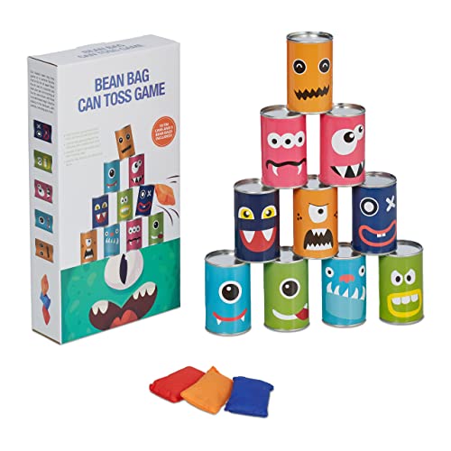 Relaxdays Tin Can Alley Dosenwerfen Monster, Büchsenwerfen für Kindergeburtstage, 10 Blechdosen & 3 Wurfsäcke, Wurfspiel Garten, bunt, 80% Eisen Polyester 10% Sand von Relaxdays