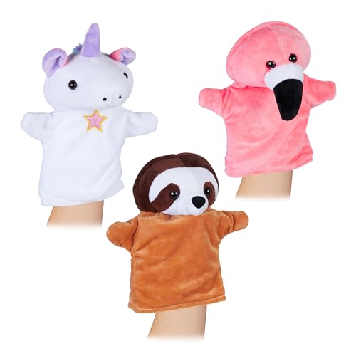 Relaxdays Handpuppen für Kinder, 3er Set Tiere, Einhorn, Faultier, Flamingo, Handspielpuppen, weicher Plüschstoff, bunt von Relaxdays