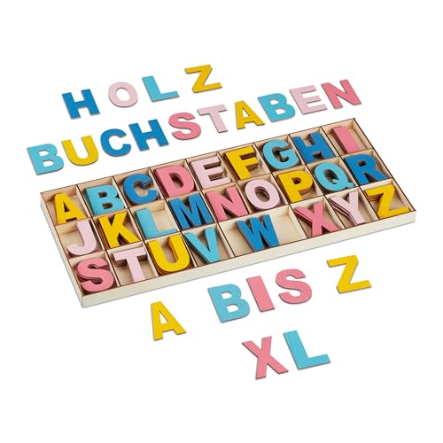 Relaxdays Holzbuchstaben Set, 208-tlg, Großbuchstaben A-Z, Deko-Buchstaben zum Basteln & Bemalen, mit Box, bunt von Relaxdays