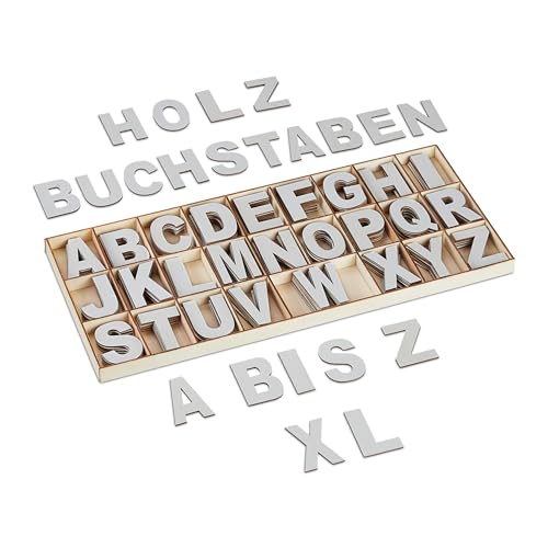 Relaxdays Holzbuchstaben Set, 208-tlg, Großbuchstaben A-Z, Deko-Buchstaben zum Basteln & Bemalen, mit Box, grau von Relaxdays