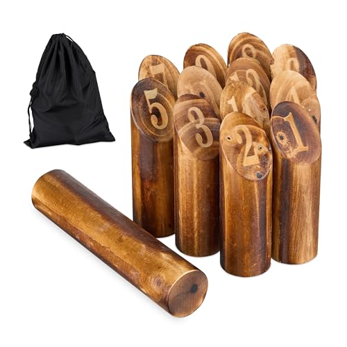 Relaxdays Kubb Wikingerspiel, finnisches Wurfspiel, Holz, Outdoorspiel mit Nummern, Erwachsene & Kinder, Tasche, braun, 1 Stück von Relaxdays