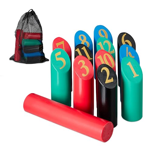 Relaxdays Kubb Wikingerspiel, finnisches Wurfspiel, Holz, Outdoorspiel mit Zahlen, Erwachsene & Kinder, mit Tasche, bunt, 1 Stück von Relaxdays