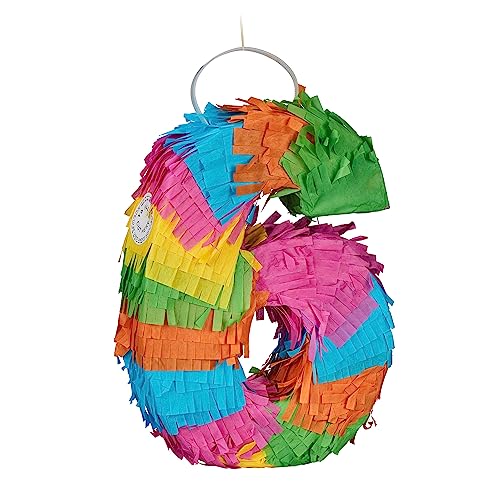 Relaxdays Mini Pinata Zahl 6, Regenbogenpinata Geburtstag, HBT: 20,5 x 15 x 4,5 cm, Piñata Kinder, zum Befüllen, bunt, 1 Stück von Relaxdays