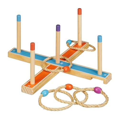 Relaxdays Ringwurfspiel, Holzwurfspiel für Kinder & Erwachsene, mit 5 Ringen, drinnen und draußen, Gartenspiel, bunt, 1 Stück von Relaxdays