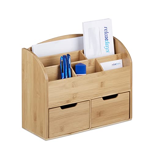 Relaxdays Schreibtisch-Organizer Bambus, Briefablage, 6 Fächer, 2 Schubladen, natürliche Maserung, H x B x T: 28 x 33 x 13,5 cm, natur von Relaxdays