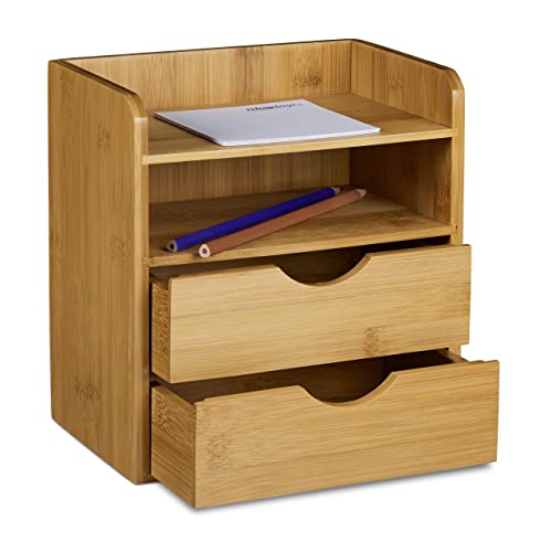 Relaxdays Schreibtisch-Organizer, 2 Ablagen, 2 Schubladen, HBT: 21 x 20 x 13cm, Briefablage fürs Büro, Bambus, natur von Relaxdays