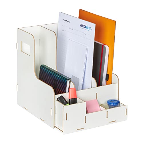 Relaxdays Stehsammler, 3 Schuber, DIN A4, mit Schreibtisch Organizer, Büro & Schule, Zeitschriftensammler, MDF, weiß von Relaxdays