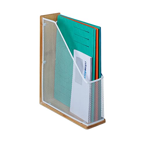 Relaxdays Stehsammler Bambus u. Metallgeflecht, A4 bis C4, HxBxT: 33 x 9 x 26,5 cm, Zeitschriftensammler, natur-weiß von Relaxdays