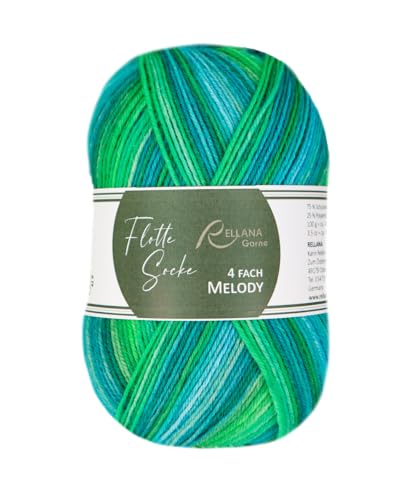 Flotte Socke 4-fach Melody, Sockenwolle 75% Schurwolle, 25% Polyamid, strapazierfähig, weich, mulesingfrei, 100 g/420 m, 40°C waschbar, Trockner geeignet, NS 2-3 mm, (3023 grün-blau-petrol) von Rellana