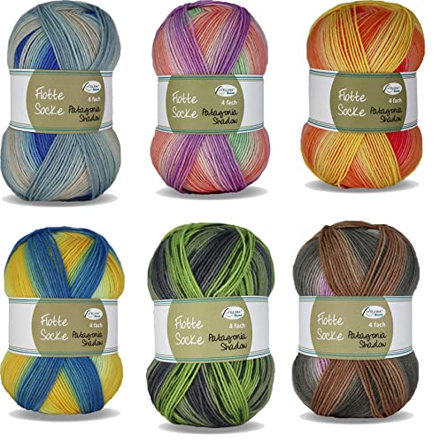 Sockenwolle Paket 6x100g Rellana Flotte Socke Patagonia Shadow 4-fädig (4-fach, 4-ply) mulesingfrei von Sattie