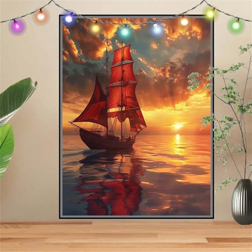 5D DIY Diamond Painting Kinder Sonnenuntergang,Segelboot,Diamant Painting Bilder 70x90cm,Mosaikherstellung Malen Nach Zahlen Cross Stitch Malerei Set,Daiments Painting Erwachsene für Wand Decor D3436 von Reluehu