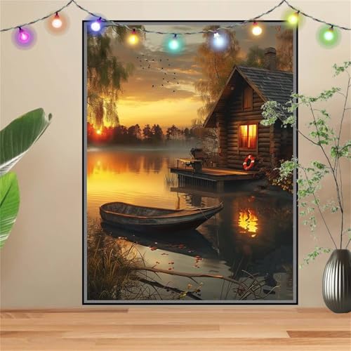 5D Diamond Painting,Diamant Painting Bilder Holzhaus,Sonnenuntergang Full Mosaic Making für Kinder,DIY Diamond Painting Erwachsene 80x107cm,Cross Stitch Diamond Painting Bilder für Wall Decor D2727 von Reluehu