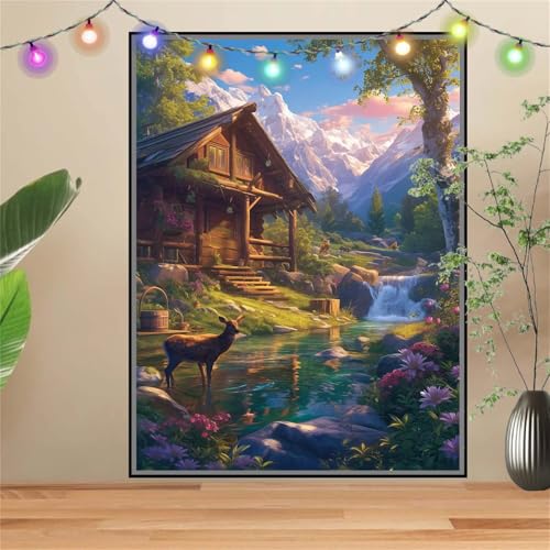 5D Hirsch,Holzhaus Diamond Painting Set,Full Diamant Painting Bilder Erwachsene groß 80x107cm,DIY Diamant Kristall Strass Stickerei Bilder Painting nach Zahlen,Diamanten Painting für Wanddeko D2267 von Reluehu