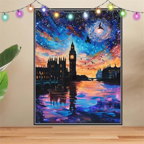 5D London,Fluss Diamond Painting Set,Full Diamant Painting Bilder Erwachsene groß (50x70cm),DIY Diamant Kristall Strass Stickerei Bilder Painting nach Zahlen,Diamanten Painting für Wanddeko F-7584 von Reluehu