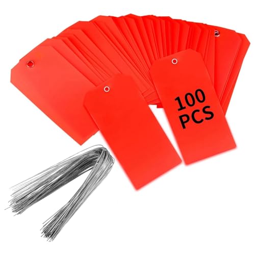 Remingtape 100 Stück 4 3/4 X 2 3/8 Kunststoff-Versandetiketten mit Drähten, Leere Beschriftungsetiketten, Wasserdichte Hängeetiketten (Rot), Langlebig, Einfach zu Verwenden von Remingtape