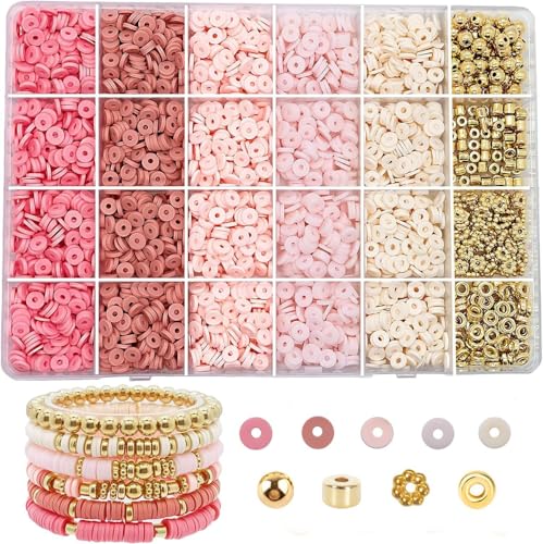 Remione 4280 Stück Heishi Perlen Bunte 6mm Clay Perlen zum Auffädeln Clay Beads Perlen für Armbänder Selber Machen Erwachsene Kinder (Rosa Serie) von Remione