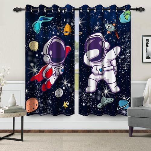 Renaiss Verdunkelungsvorhänge mit Cartoon-Astronautenmotiv für Kinderzimmer, Weltraum, lustiger Raumfahrer, Fenstervorhang, Universum, Galaxie, Fenstervorhänge für Jungenzimmer, verdunkelnde Vorhänge, von Renaiss