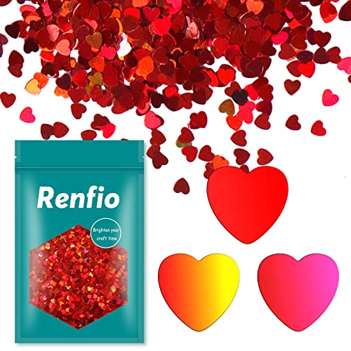 Renfio Heart Konfetti, Glitzer Gesicht 1.75 Oz (50 g) Holographic Herzen Deko Chunky Pailletten For Nail Art, Streudeko Hochzeit Und Geburtstag Hochzeit Deko - Laser Red von Renfio